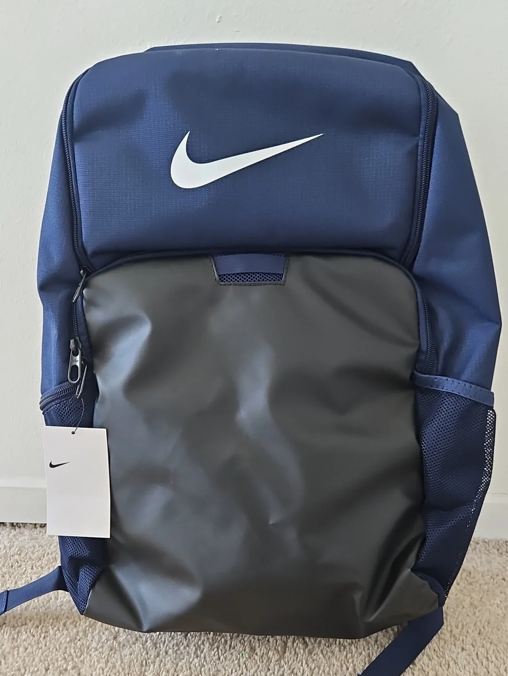 XL Nike Navy and Black Men's Athletic Backpack with White Swoosh